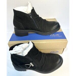 Clarks Hearth Clara Black Nubuck Leather Ankle Boots Women’s 8.5 Side Zip NWT